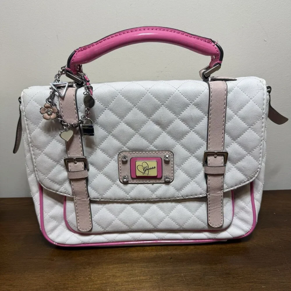 Vintage 90s Y2K Guess Pink White Quilted Satchel Detachable Strap Purse Jewelry - Picture 2 of 9